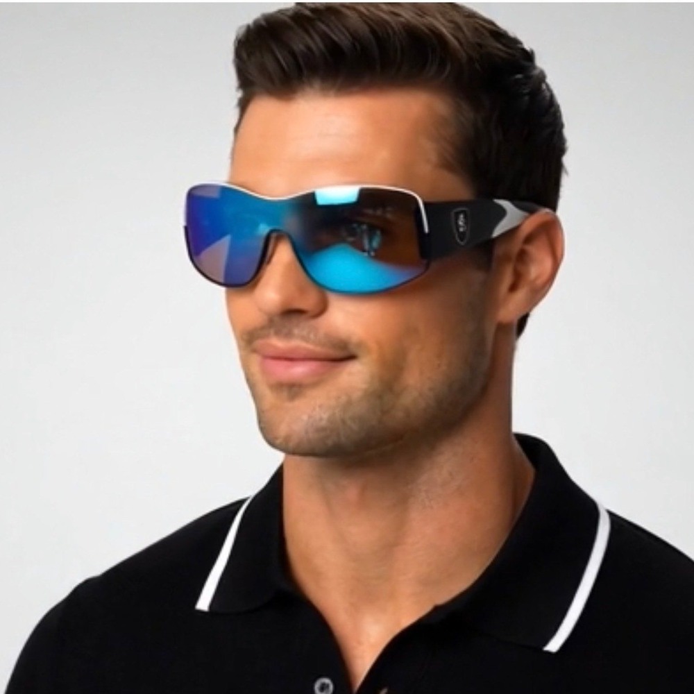 Men Black White Wrap‎ Around Sunglasses Blue Mirrored Lens Performance Activity